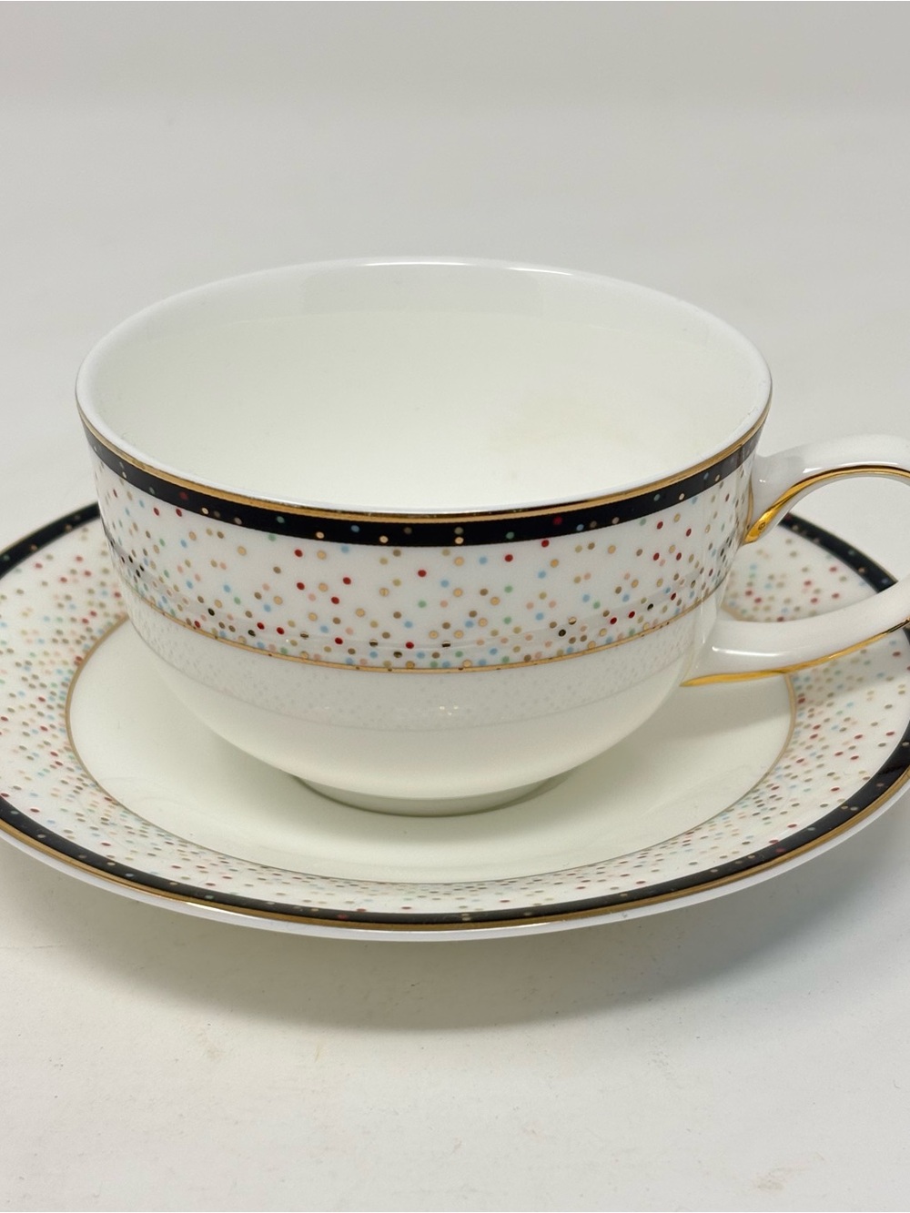 Teavana 5oz Espresso Coffee Tea Cup & Saucer Set White Porcelain Dots Gold Trim